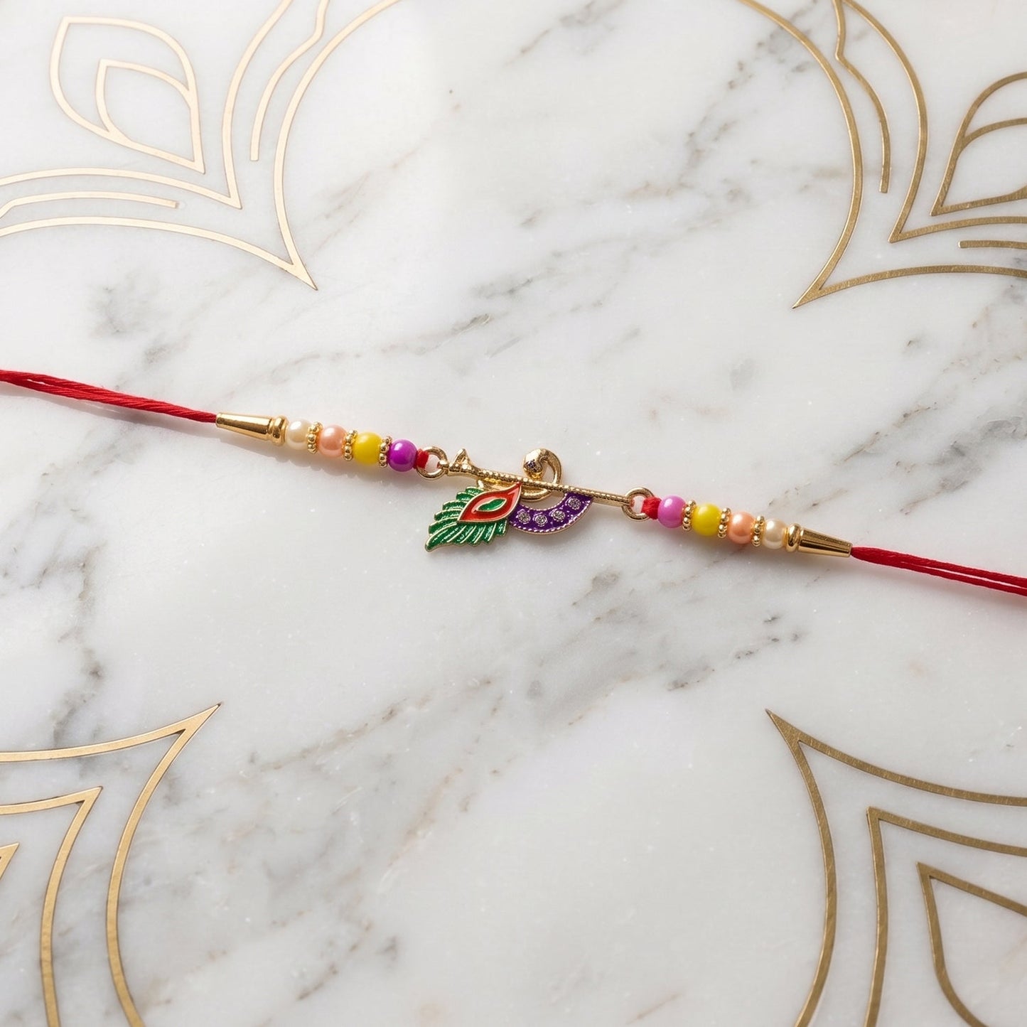 Peacock Feather Flute Design Rakhi with Beads (1 Pc)