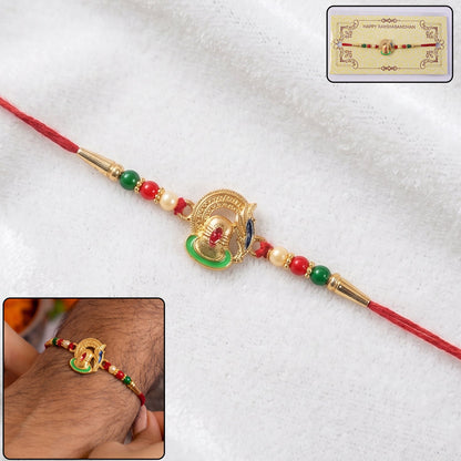 Shivling Design Rakhi with colorful beads close-up