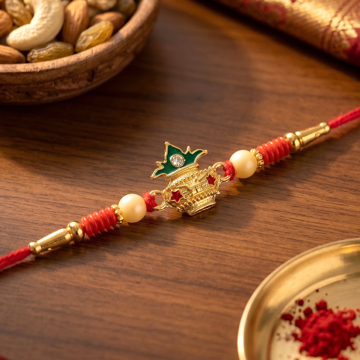 Decorative pearl beads on Kalash Rakhi