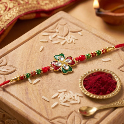 Close-up view of decorative beads on Rakhi