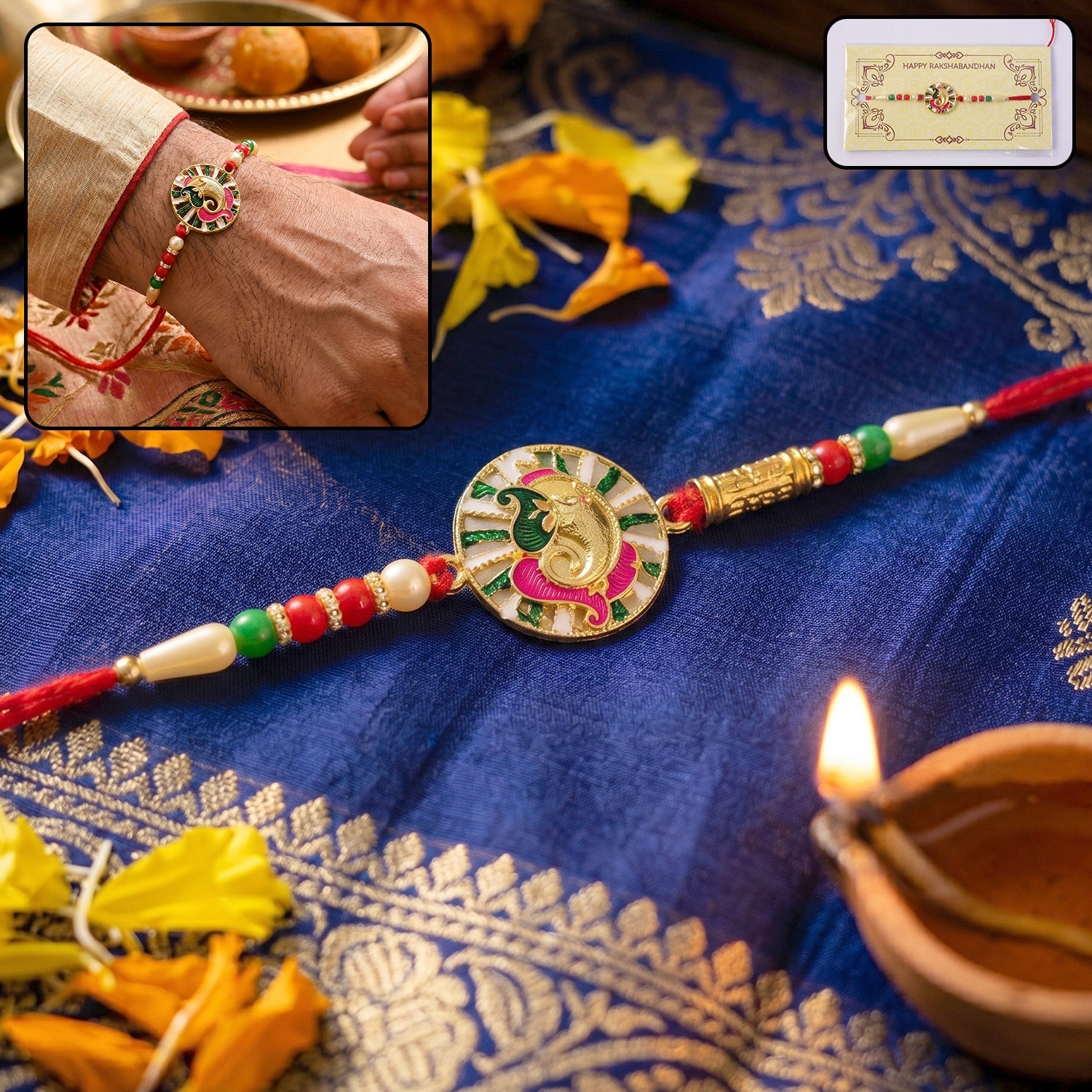 Round Ganesh Design Rakhi with colorful beads front view