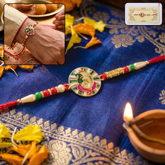 Round Ganesh Design Rakhi with colorful beads front view