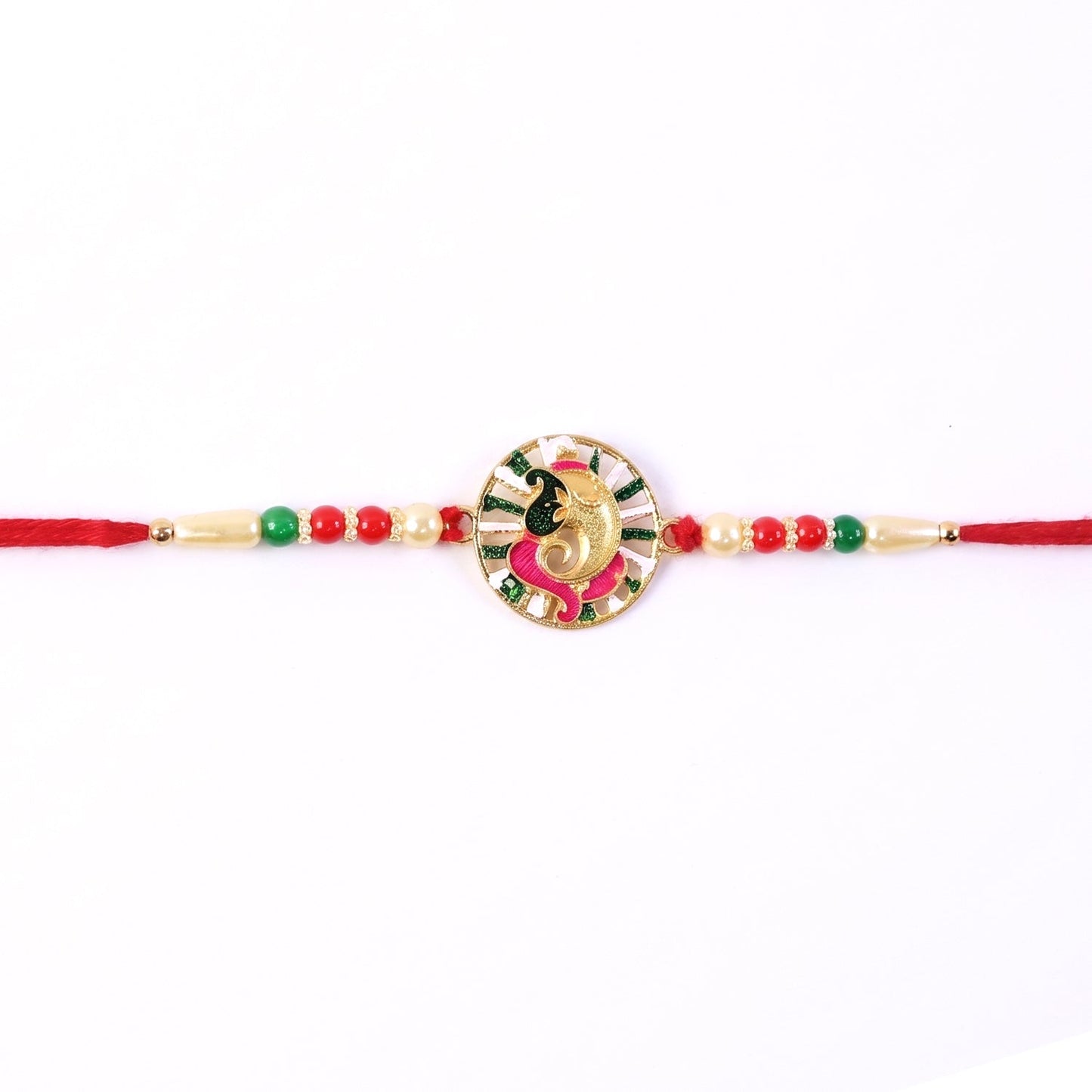 Side angle of Ganesh design Rakhi with vibrant beads