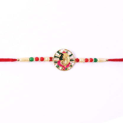 Side angle of Ganesh design Rakhi with vibrant beads