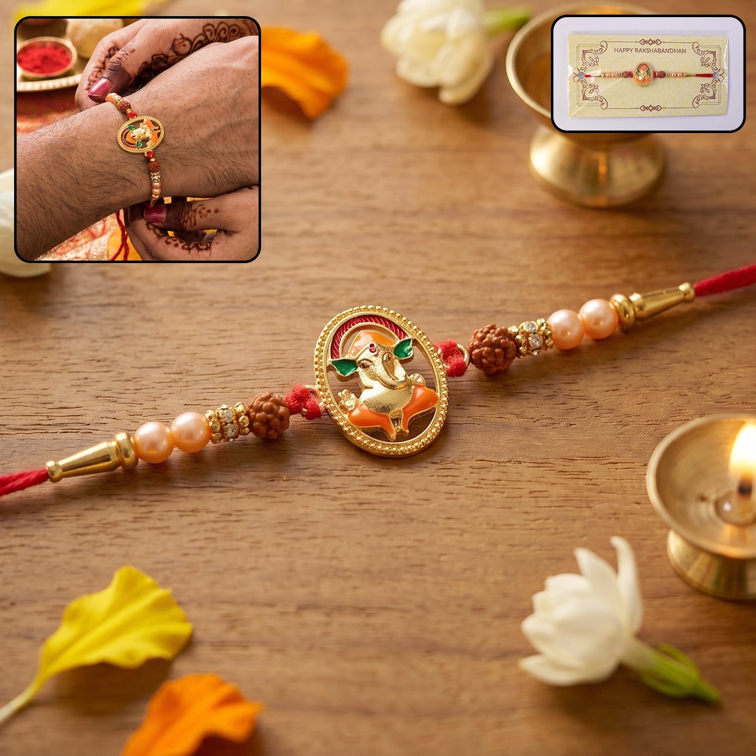 Ganesh Design Rakhi with Rudraksha Beads close-up