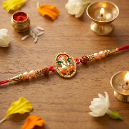 Traditional Ganesh Rakhi showcasing beads and centerpiece