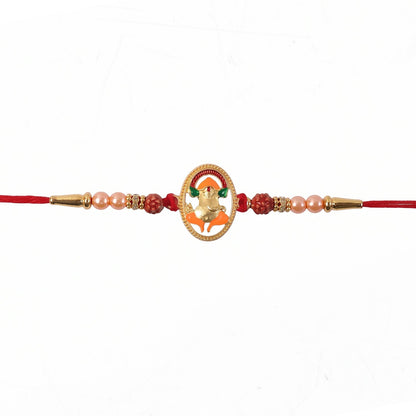 Detailed view of rudraksha beads on Rakhi