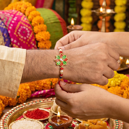 Side view of colorful Rakhi floral design with beads