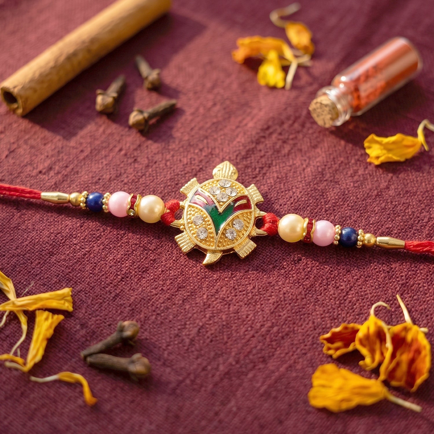 Golden Turtle Design Rakhi with Pearl Beads (1 Pc)