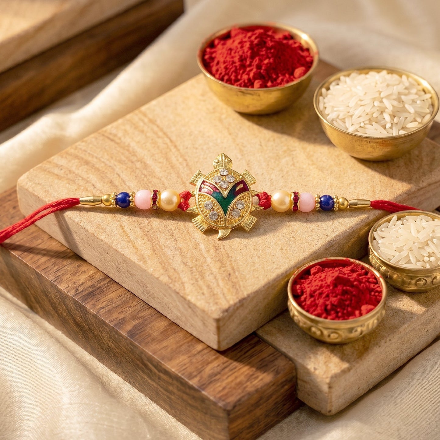Golden Turtle Design Rakhi with Pearl Beads (1 Pc)