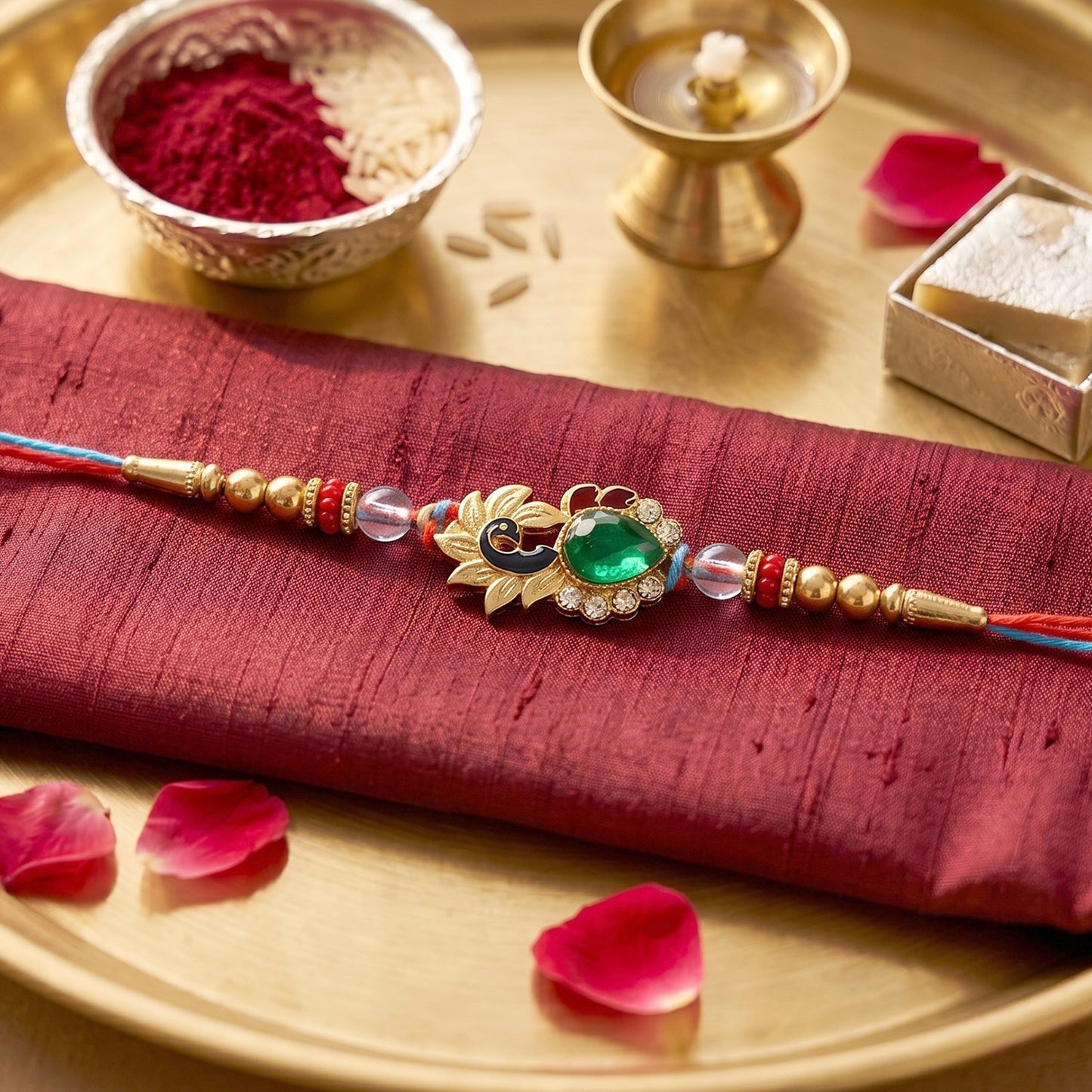Silver Peacock Design Rakhi with Red Thread (1 Pc)