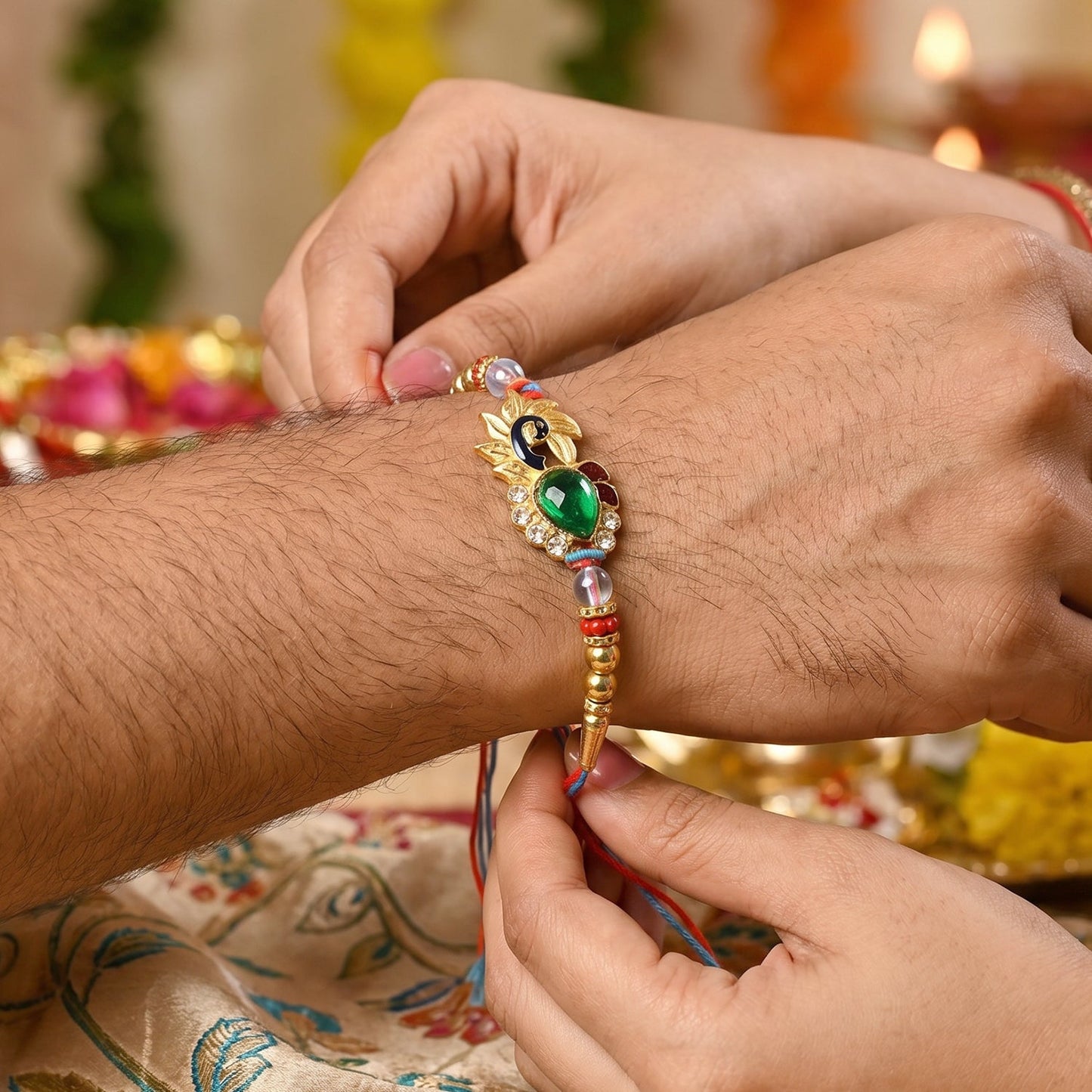 Silver Peacock Design Rakhi with Red Thread (1 Pc)