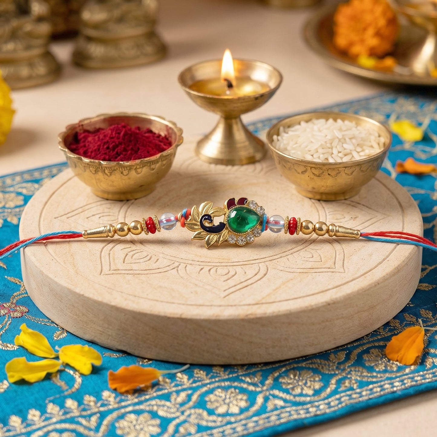 Silver Peacock Design Rakhi with Red Thread (1 Pc)
