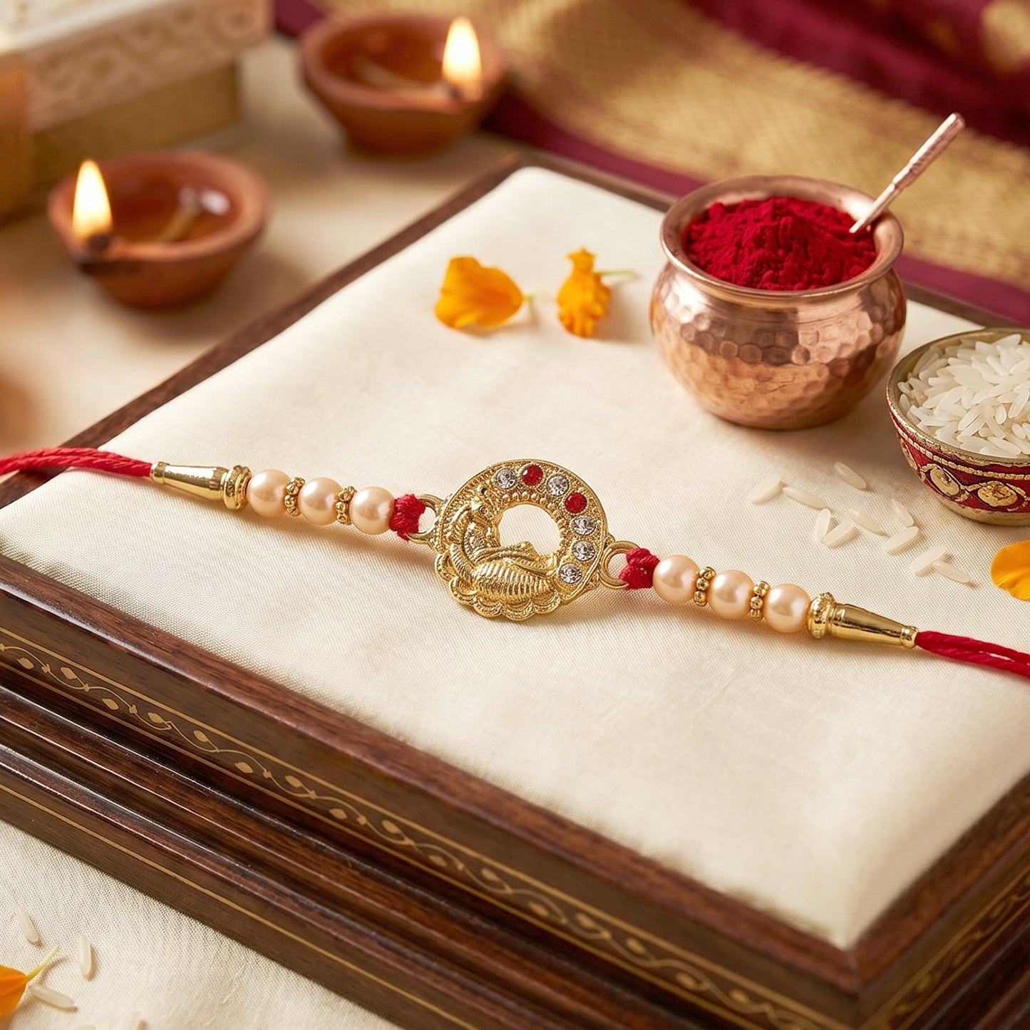 Close-up of peacock centerpiece of rakhi with beads