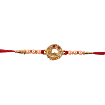 Colorful peacock rakhi with vibrant beads displayed on white background
