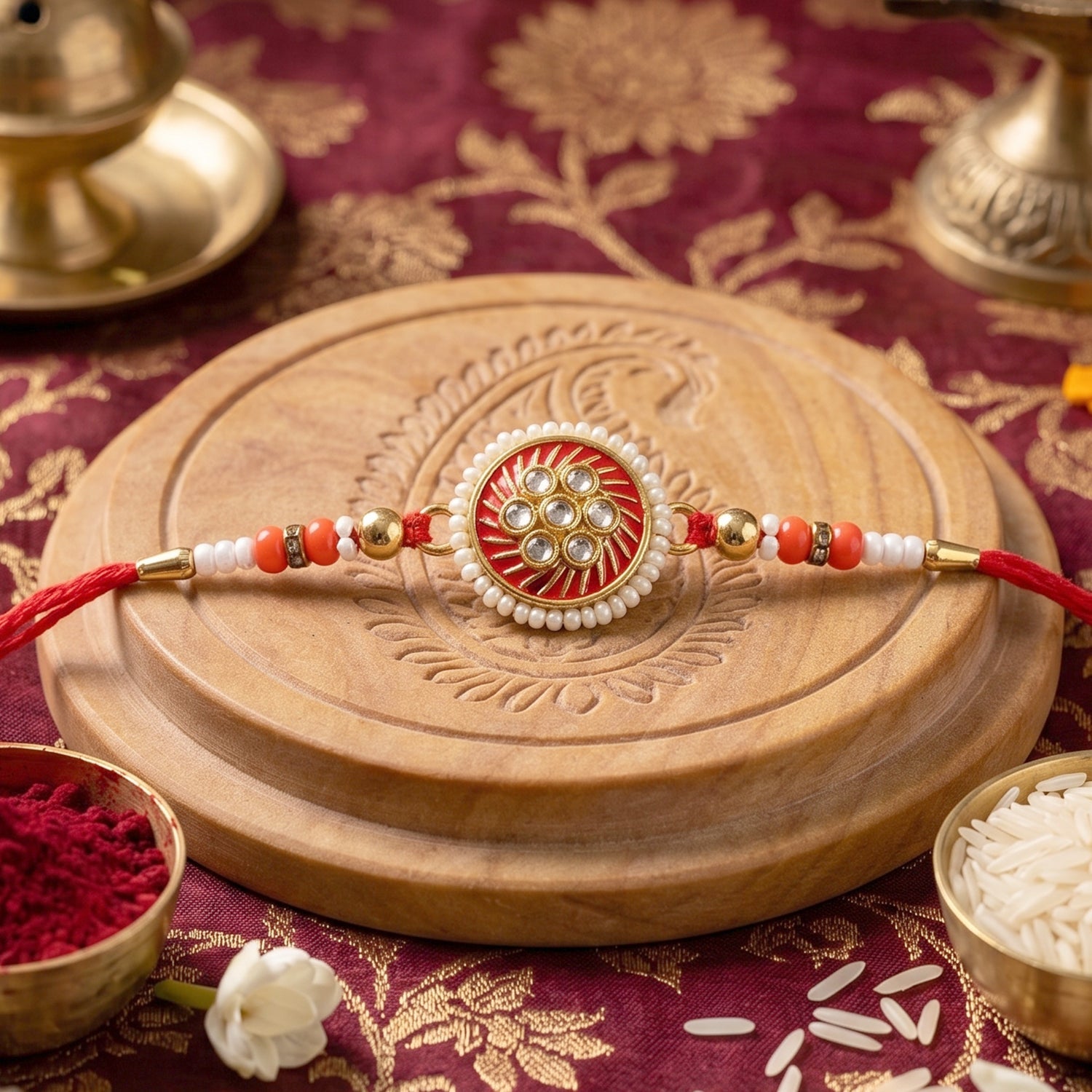 Traditional rakhi showcasing floral centerpiece and beads