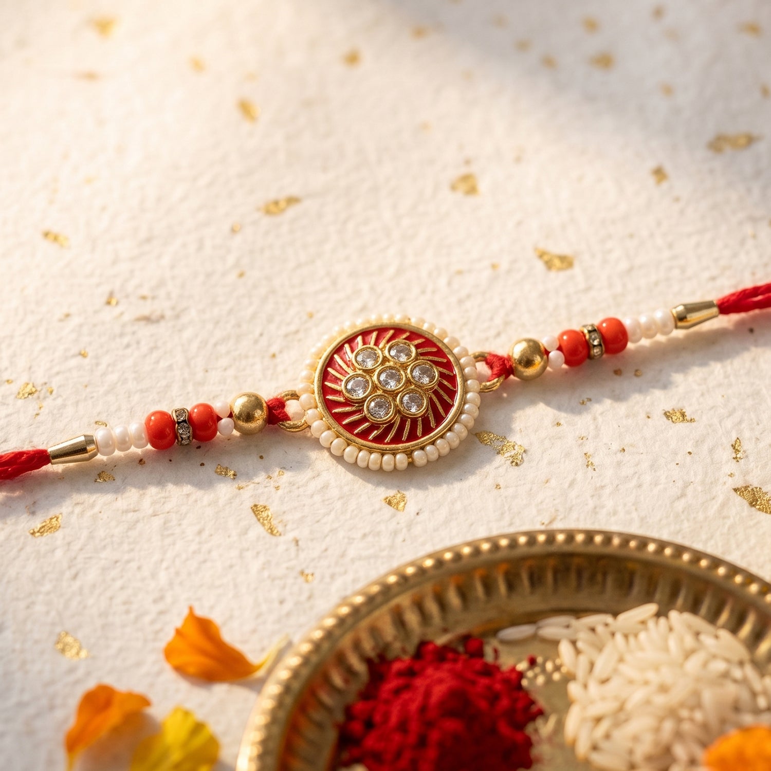 Side view of decorative traditional rakhi with beads