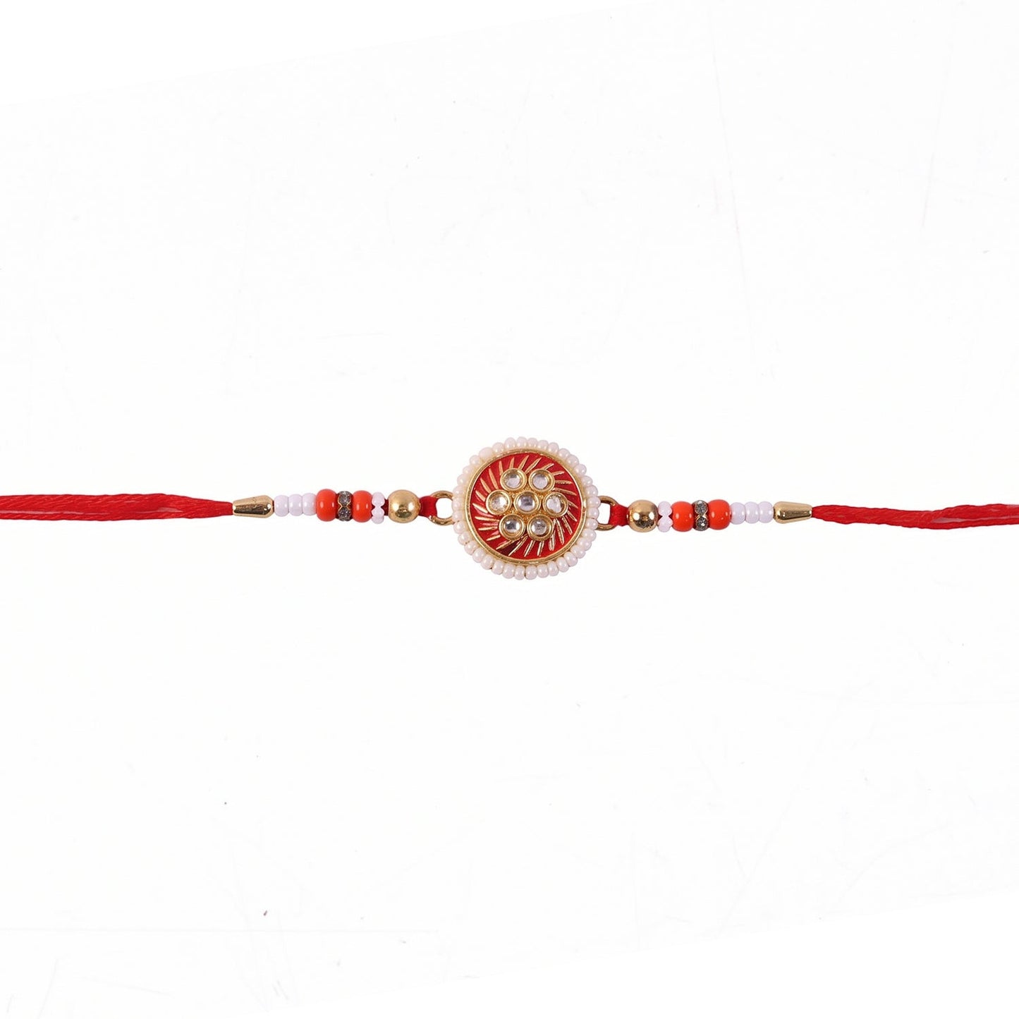 Close-up of colorful beads on floral rakhi design