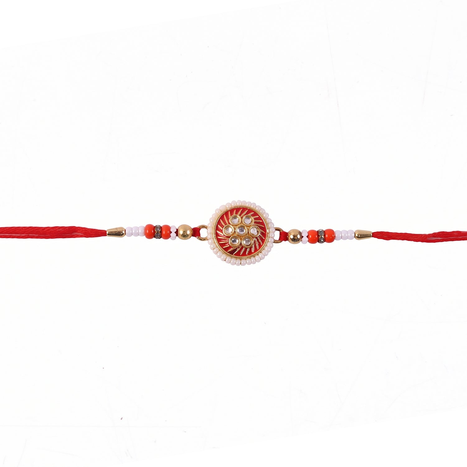 Close-up of colorful beads on floral rakhi design