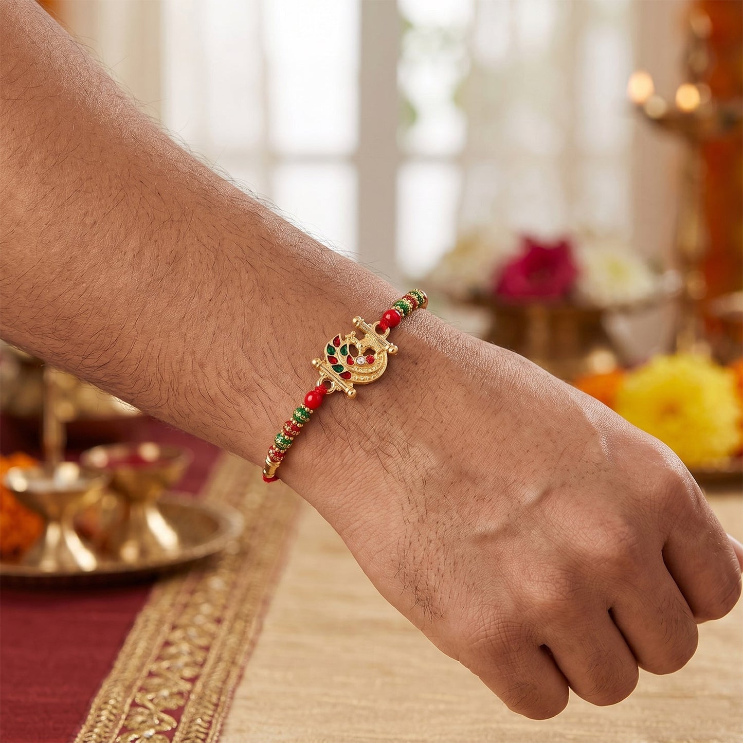 Golden Peacock Design Rakhi with Colorful Beads (1 Pc)