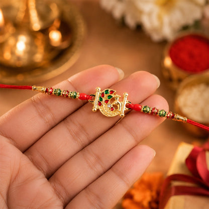 Golden Peacock Design Rakhi with Colorful Beads (1 Pc)