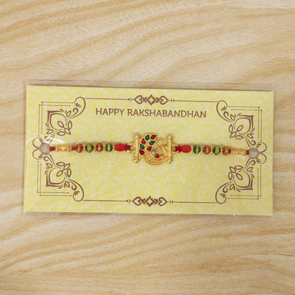 Golden Peacock Design Rakhi with Colorful Beads (1 Pc)