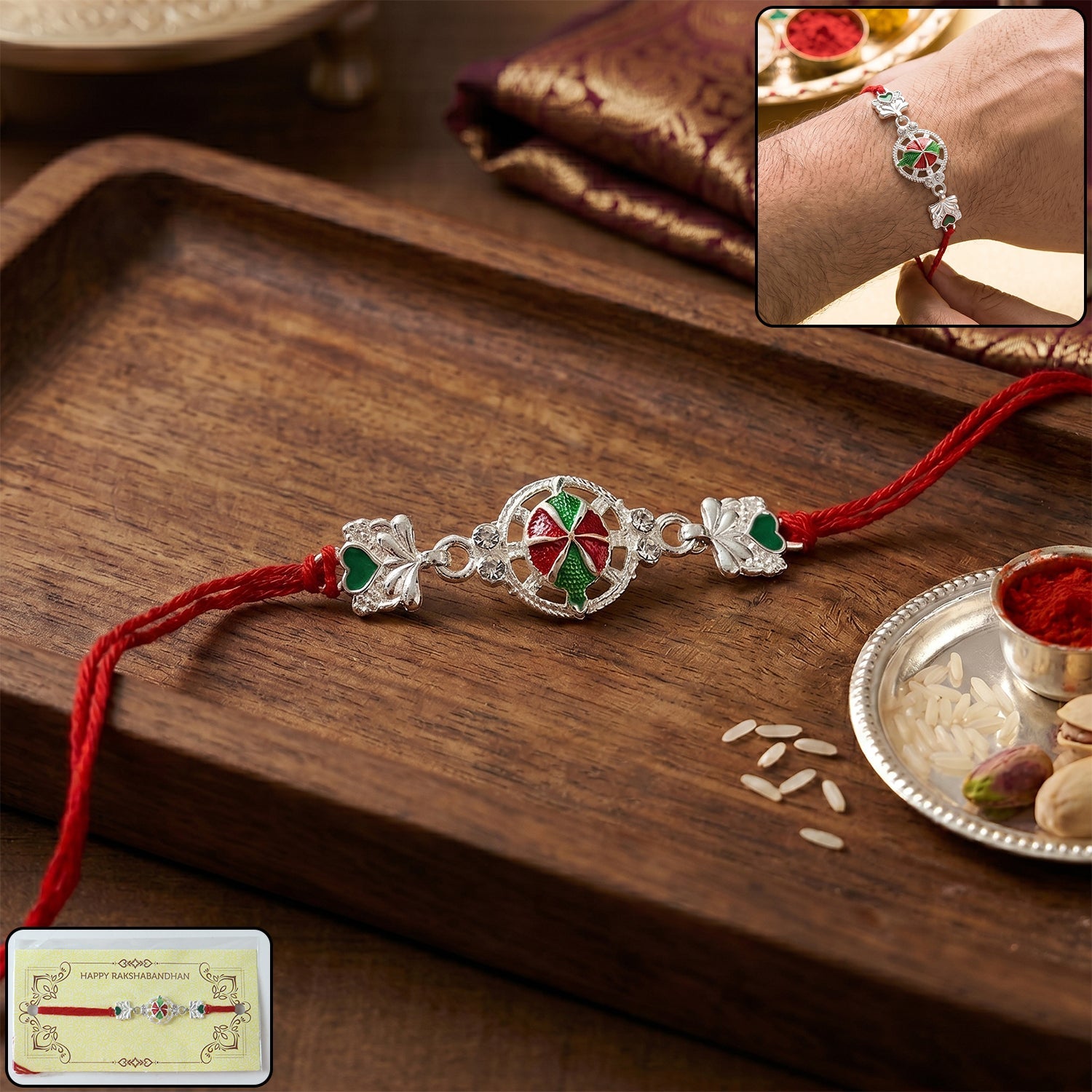 Silver Floral Design Rakhi with Red Thread (1 Pc)