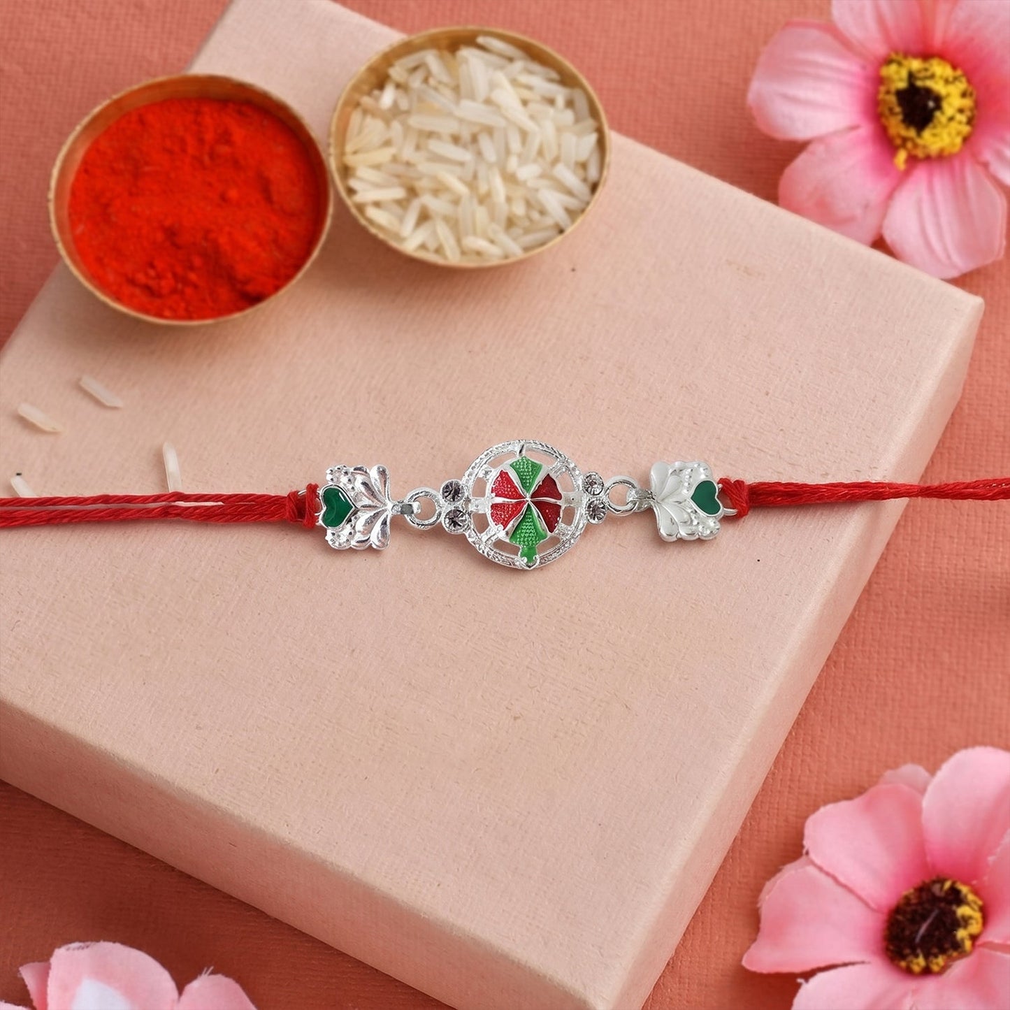 Silver Floral Design Rakhi with Red Thread (1 Pc)