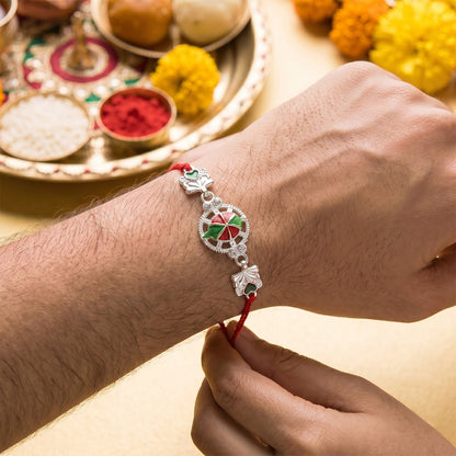 Silver Floral Design Rakhi with Red Thread (1 Pc)