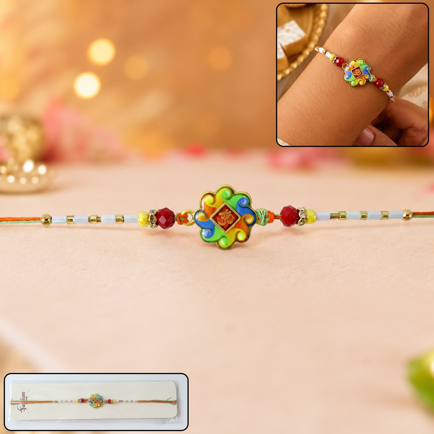 Colorful Om Design Rakhi with decorative beads