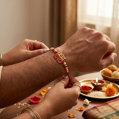 Close-up of pearl beads on designer Rakhi