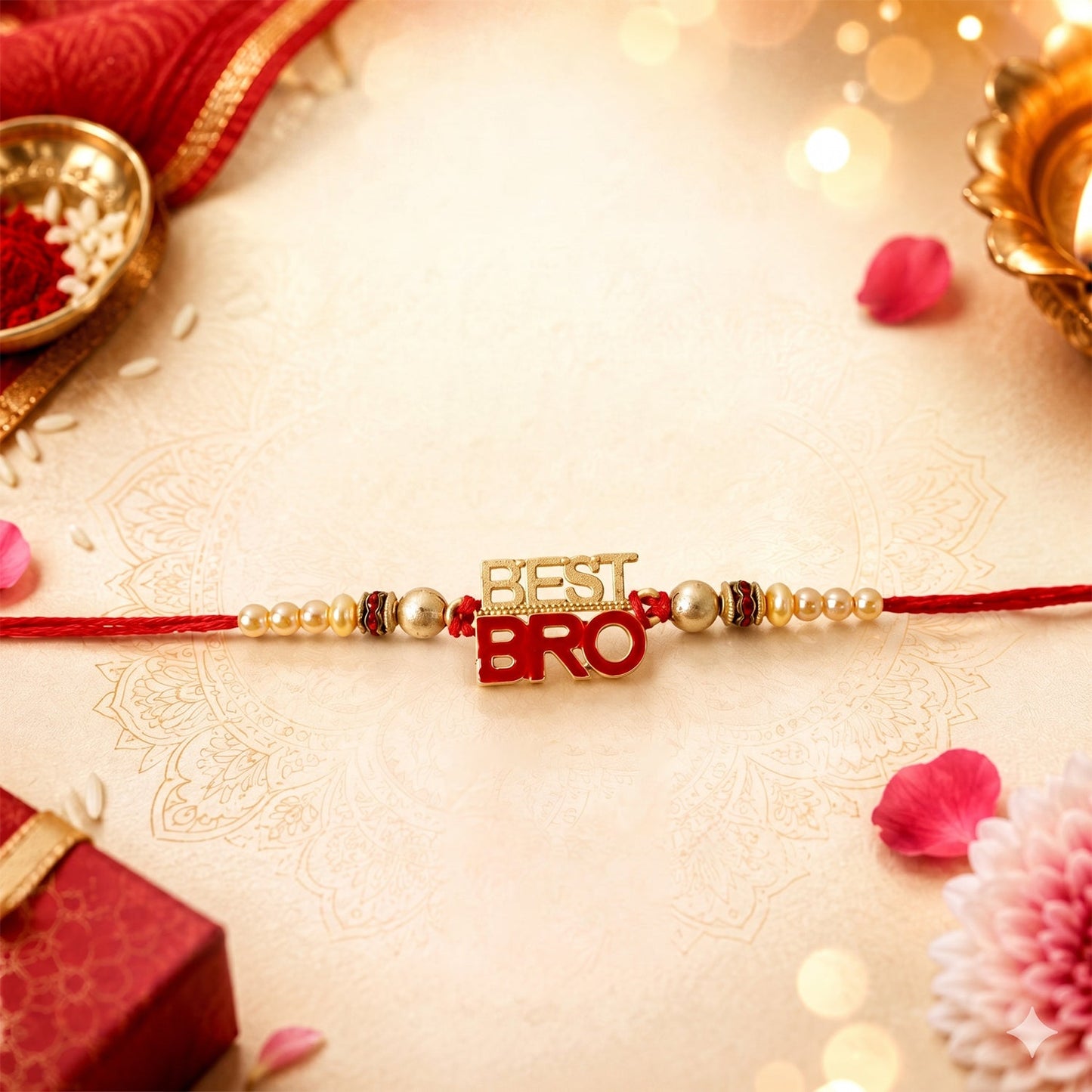 Designer Rakhi showing red thread and pearl bead details