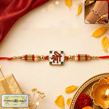 Shree Designer Rakhi with beads and red thread front view