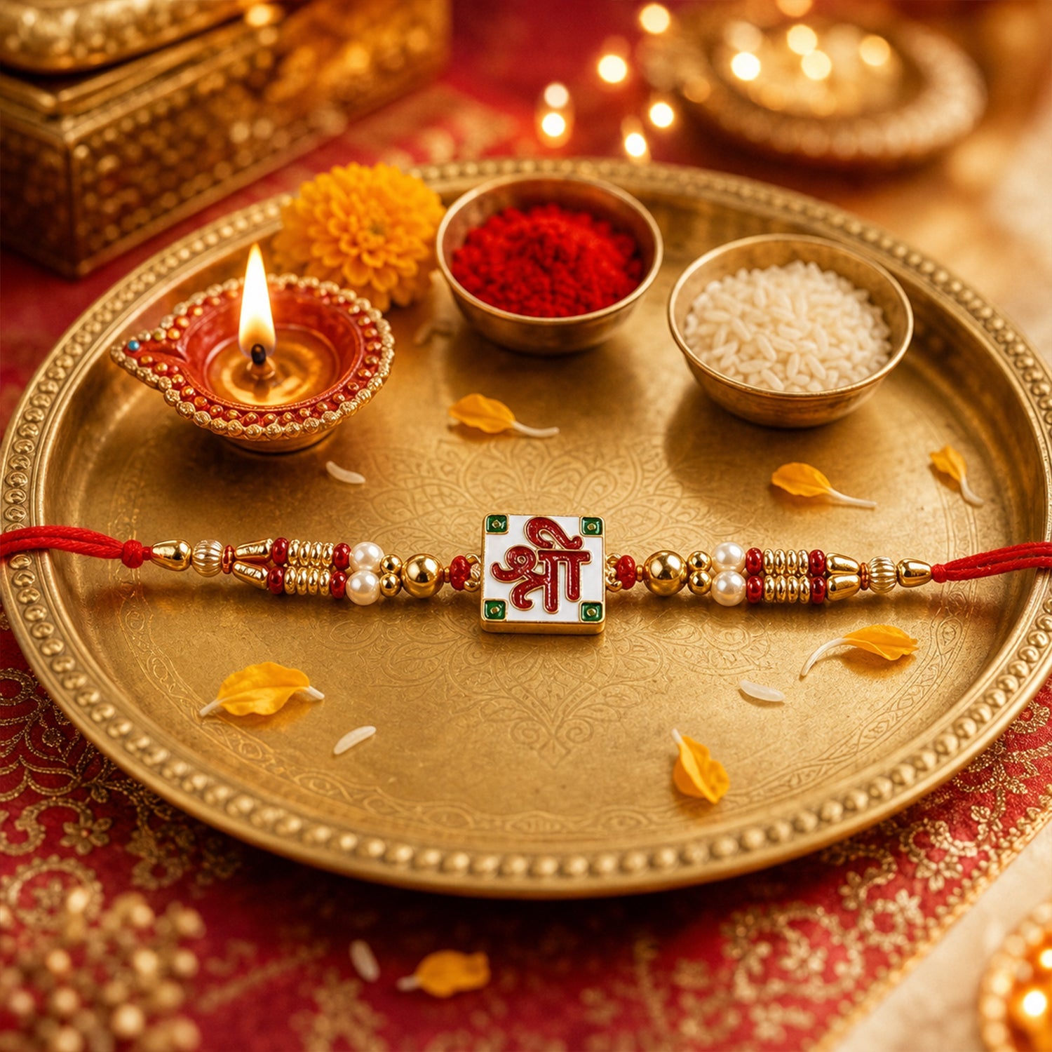 Shree Designer Rakhi showing red thread and beads