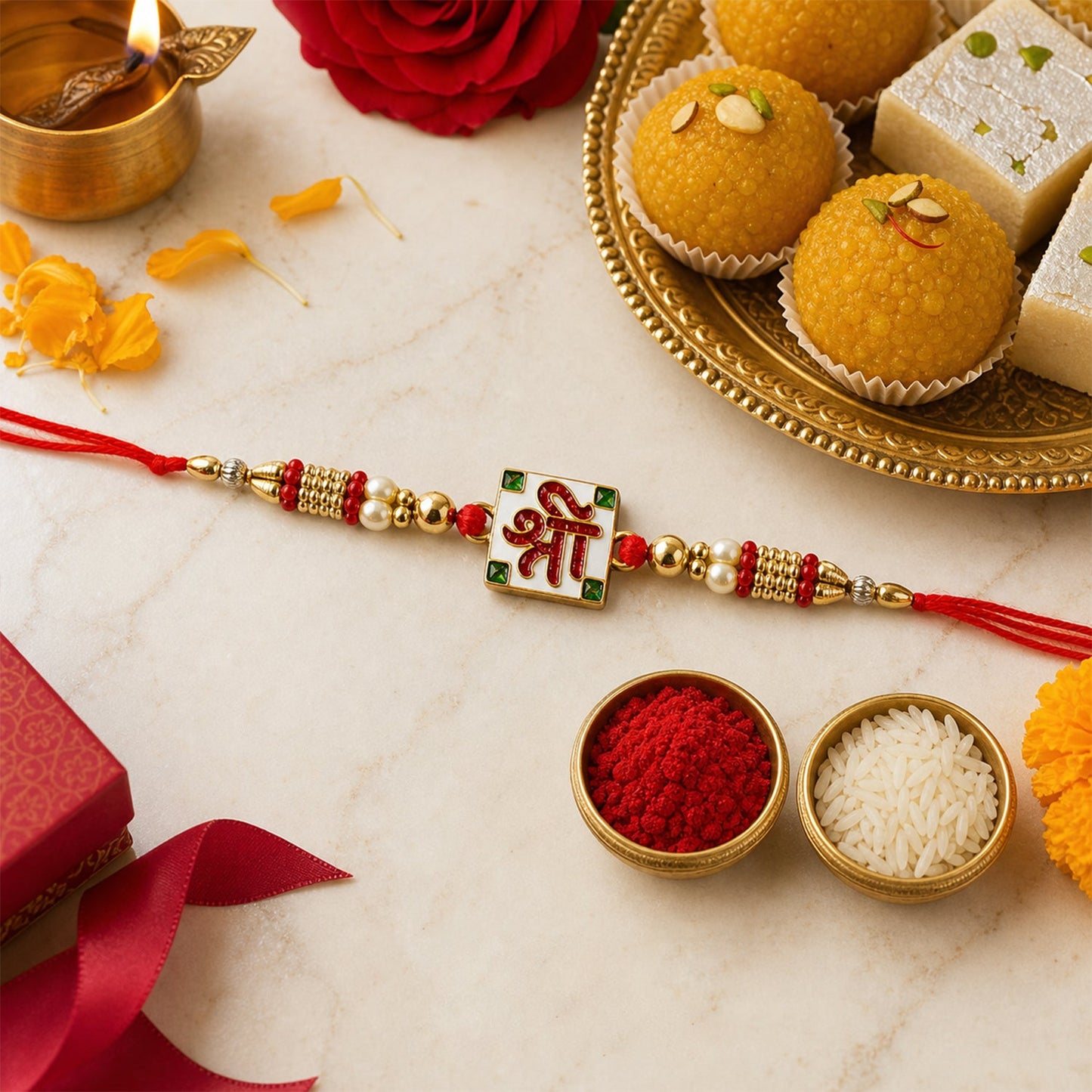 Shree Designer Rakhi styled with festive accessories
