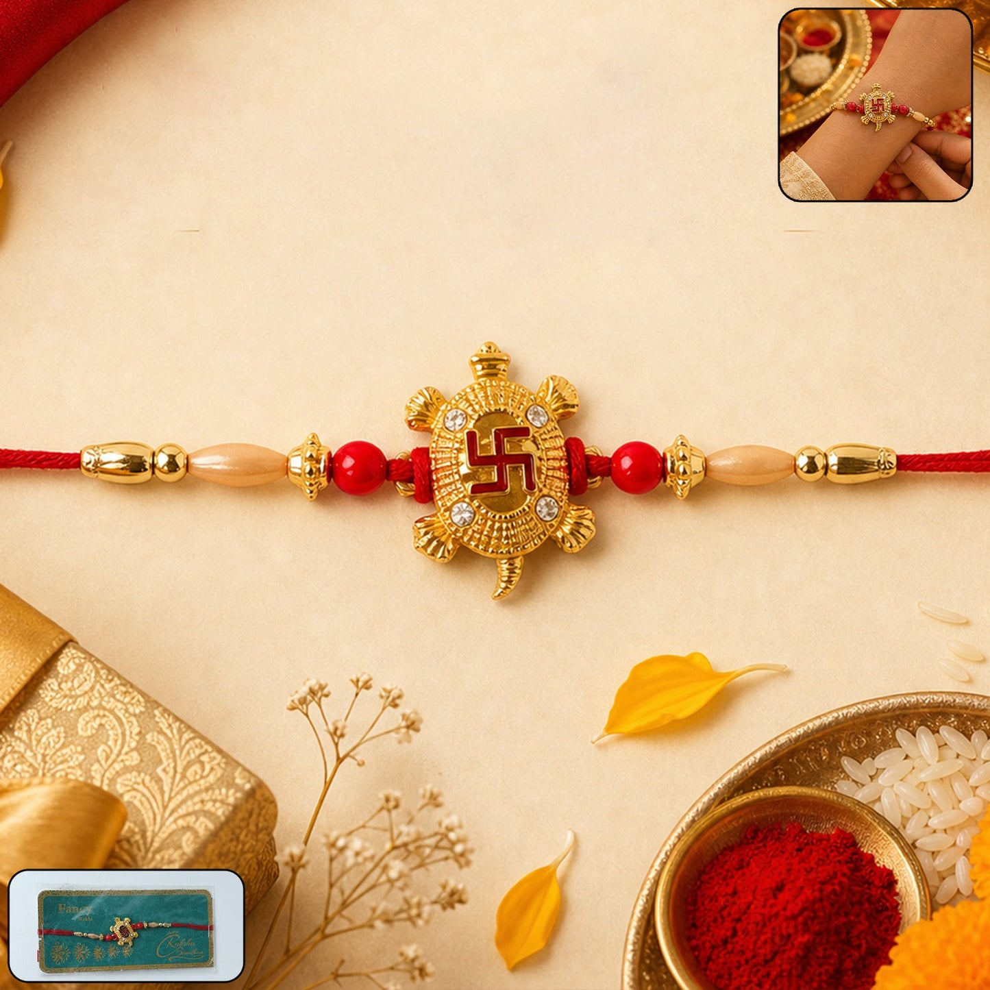 Turtle Swastik Designer Rakhi with Red Thread (1 Pc)