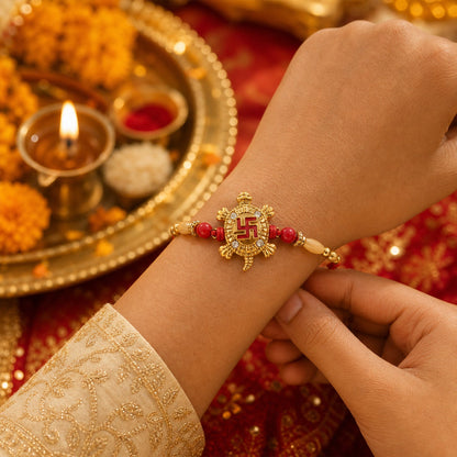 Turtle Swastik Designer Rakhi with Red Thread (1 Pc)