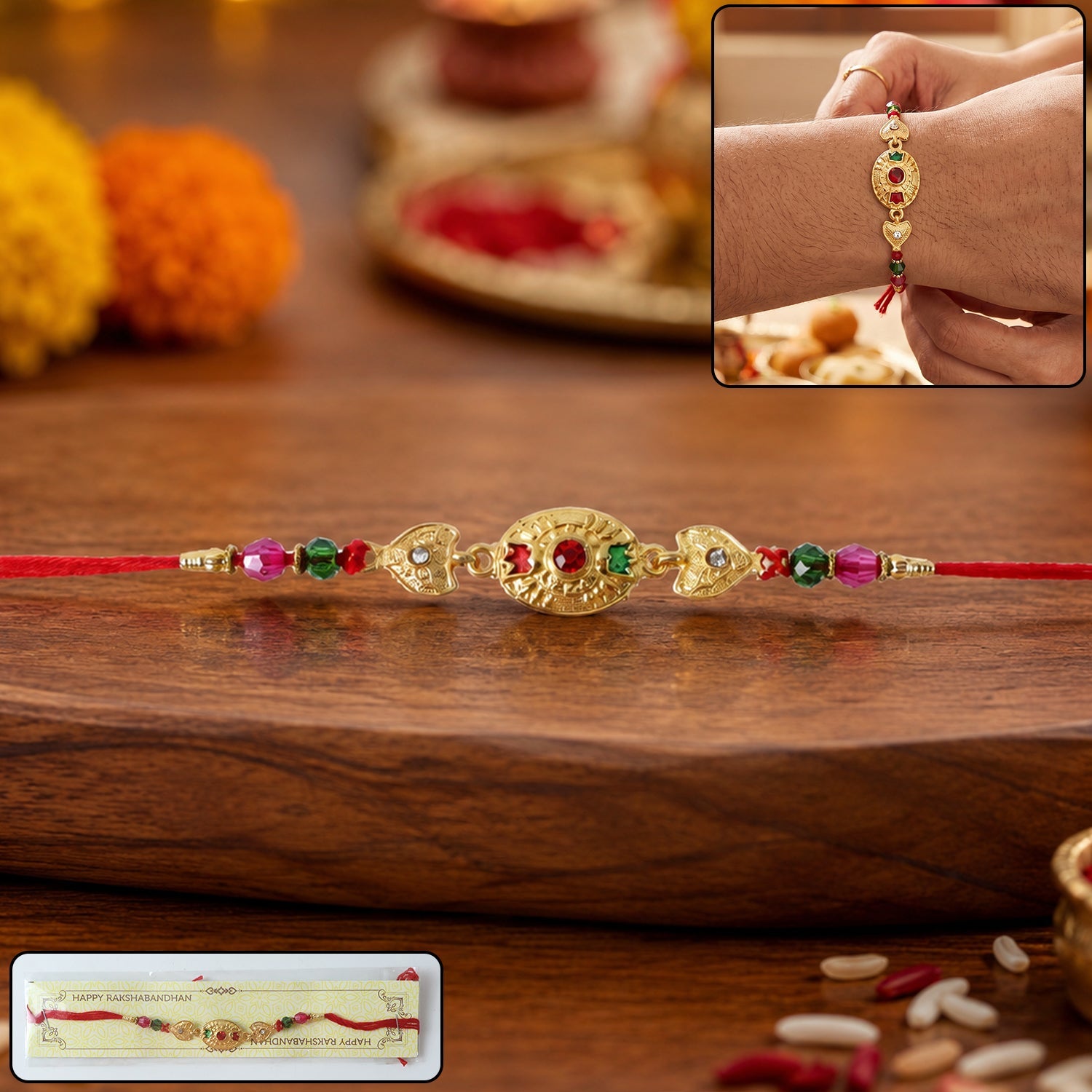 Gold Stone Designer Rakhi with Color Beads - Front View