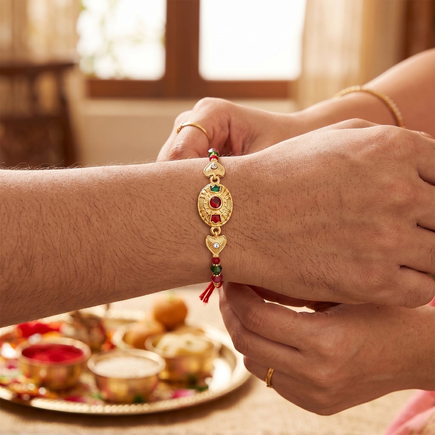 Close-up of Gold Stone Designer Rakhi colorful beads