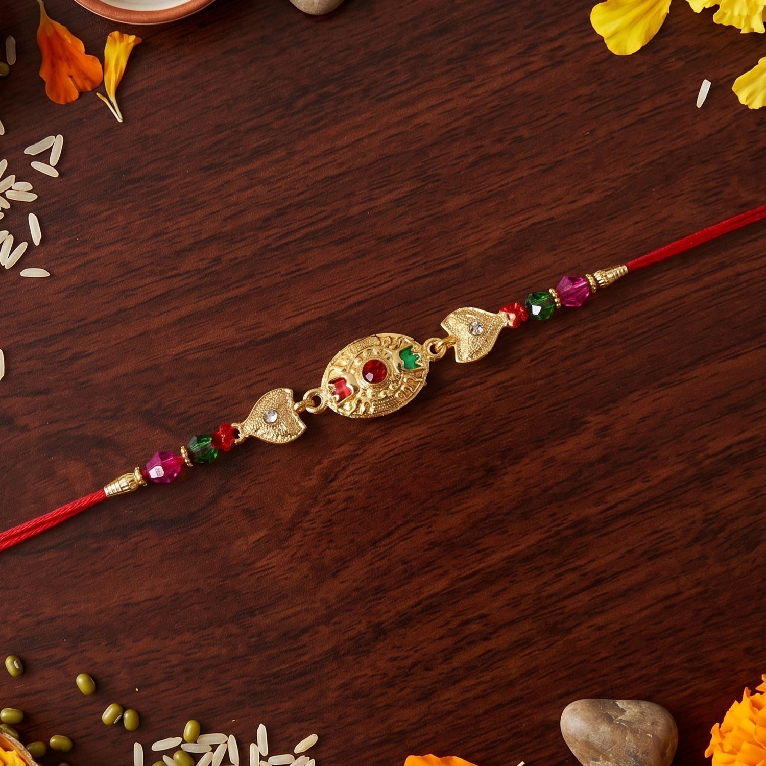 Side angle of Gold Stone Designer Rakhi with color beads