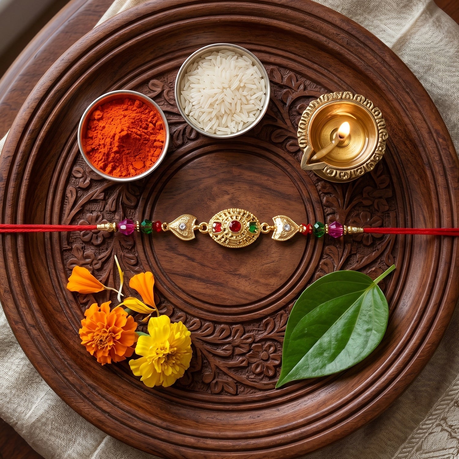 Gold Stone Designer Rakhi with Color Beads full detailed view
