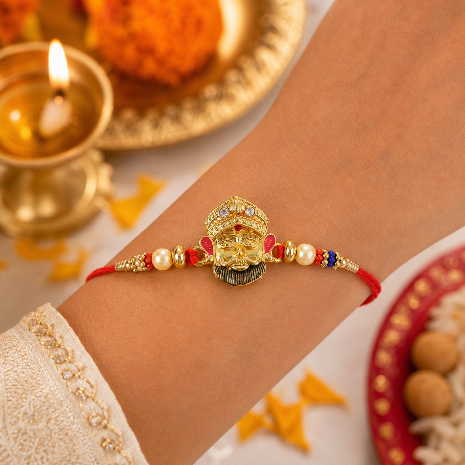 Traditional designer rakhi showing detailed beadwork