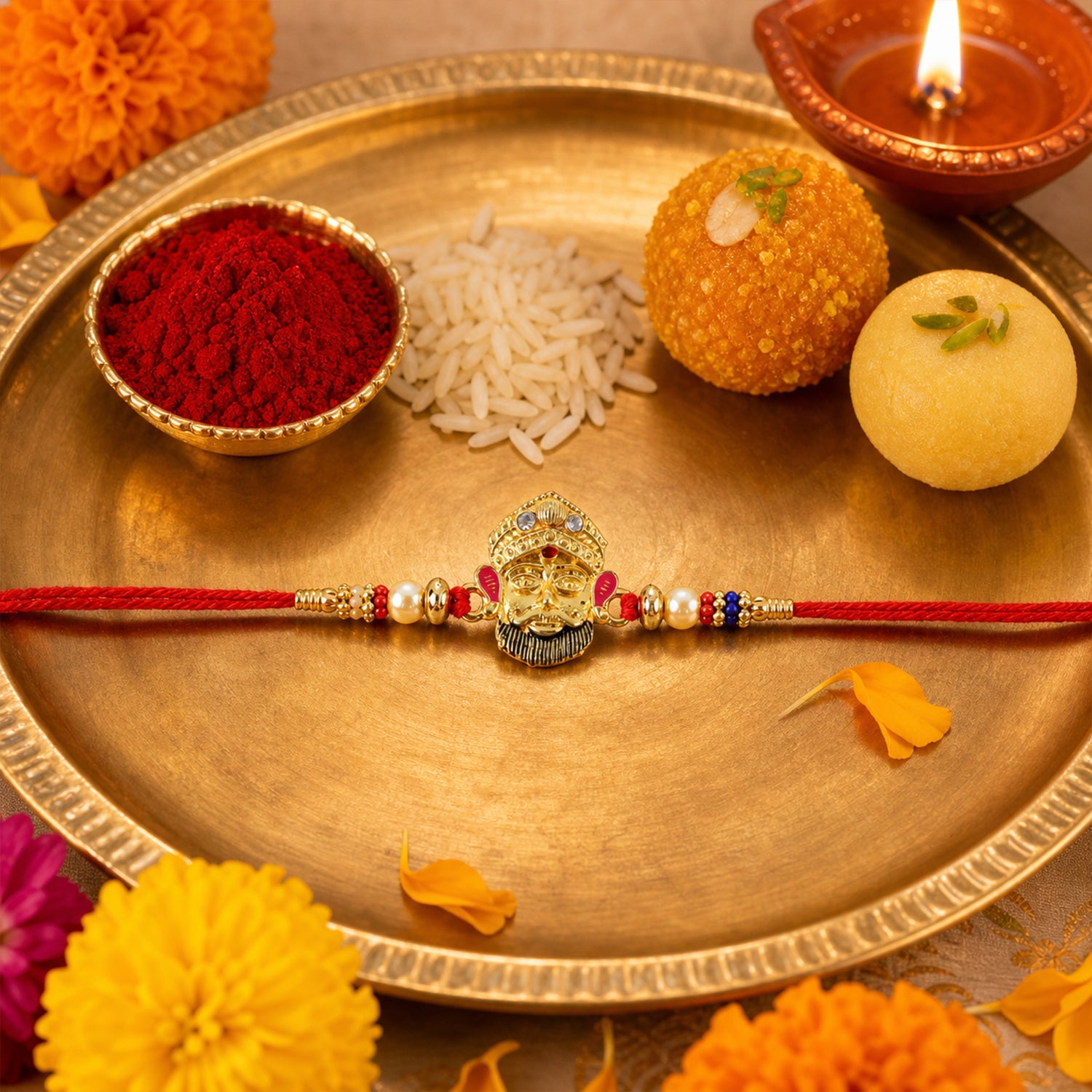 Side view of traditional designer rakhi with red thread