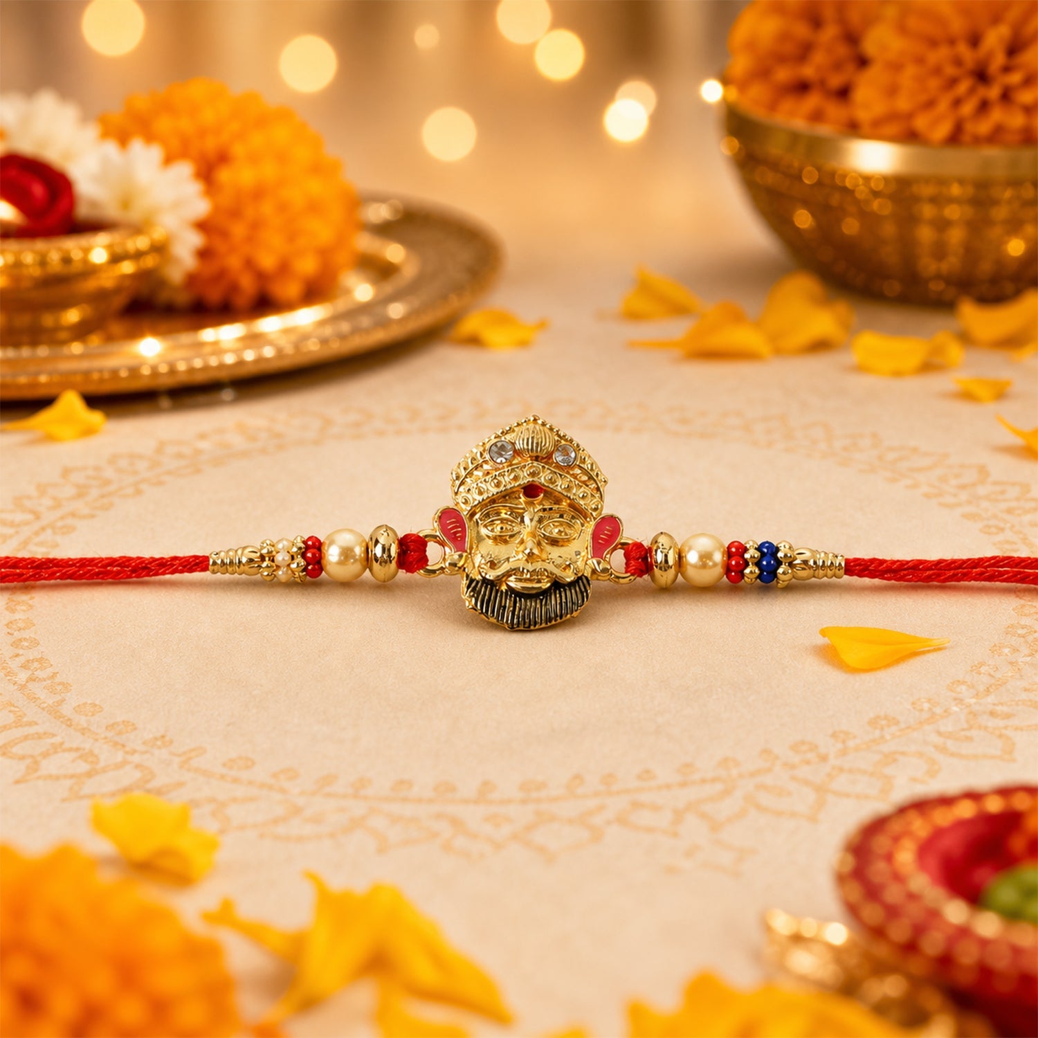 Traditional designer rakhi with red thread and beads close up