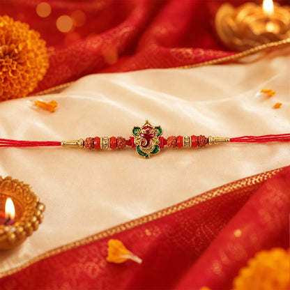 Side view of Ganesh Designer Rakhi showing bead detail