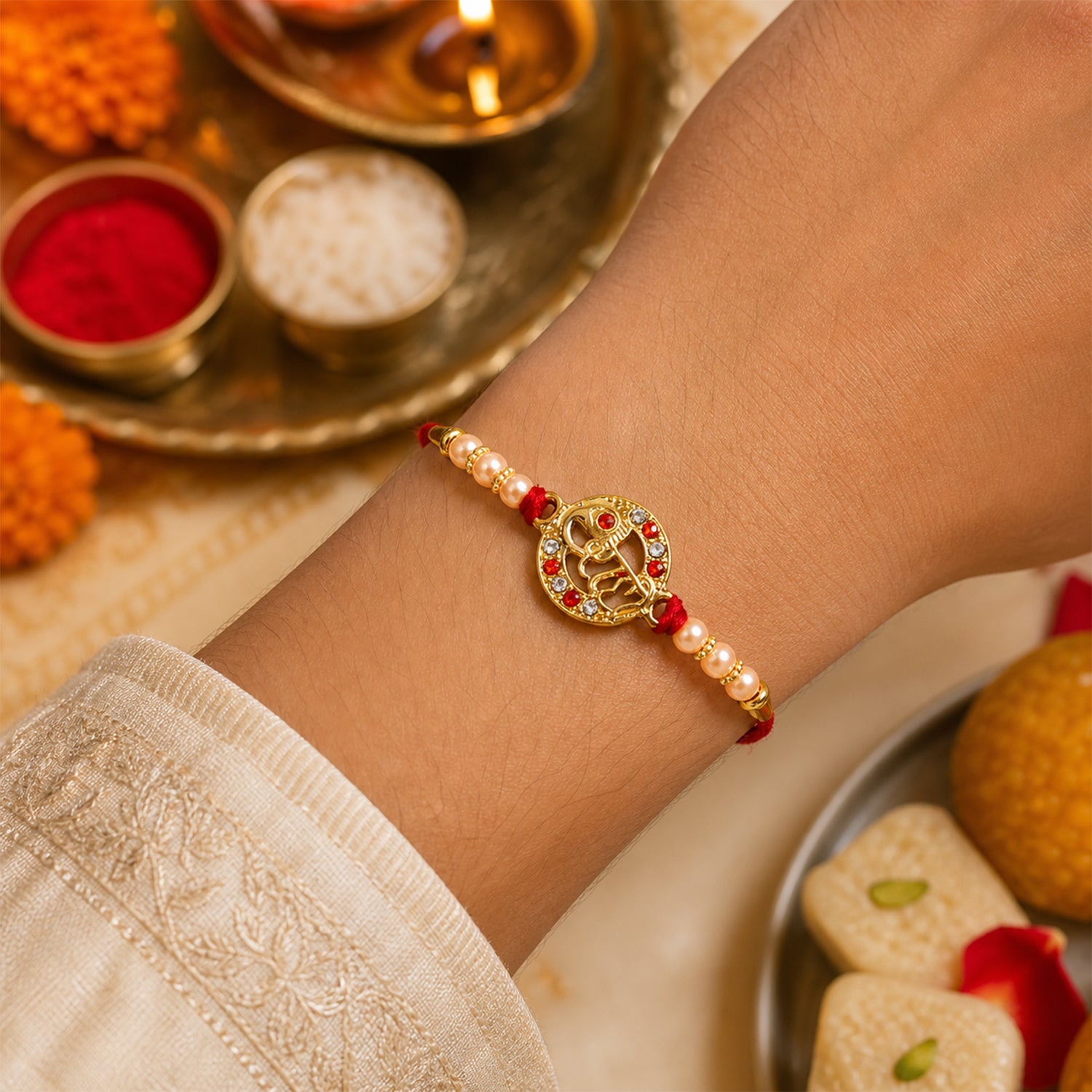Close-up of pearl beads on Radhe Designer Rakhi
