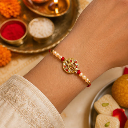 Close-up of pearl beads on Radhe Designer Rakhi