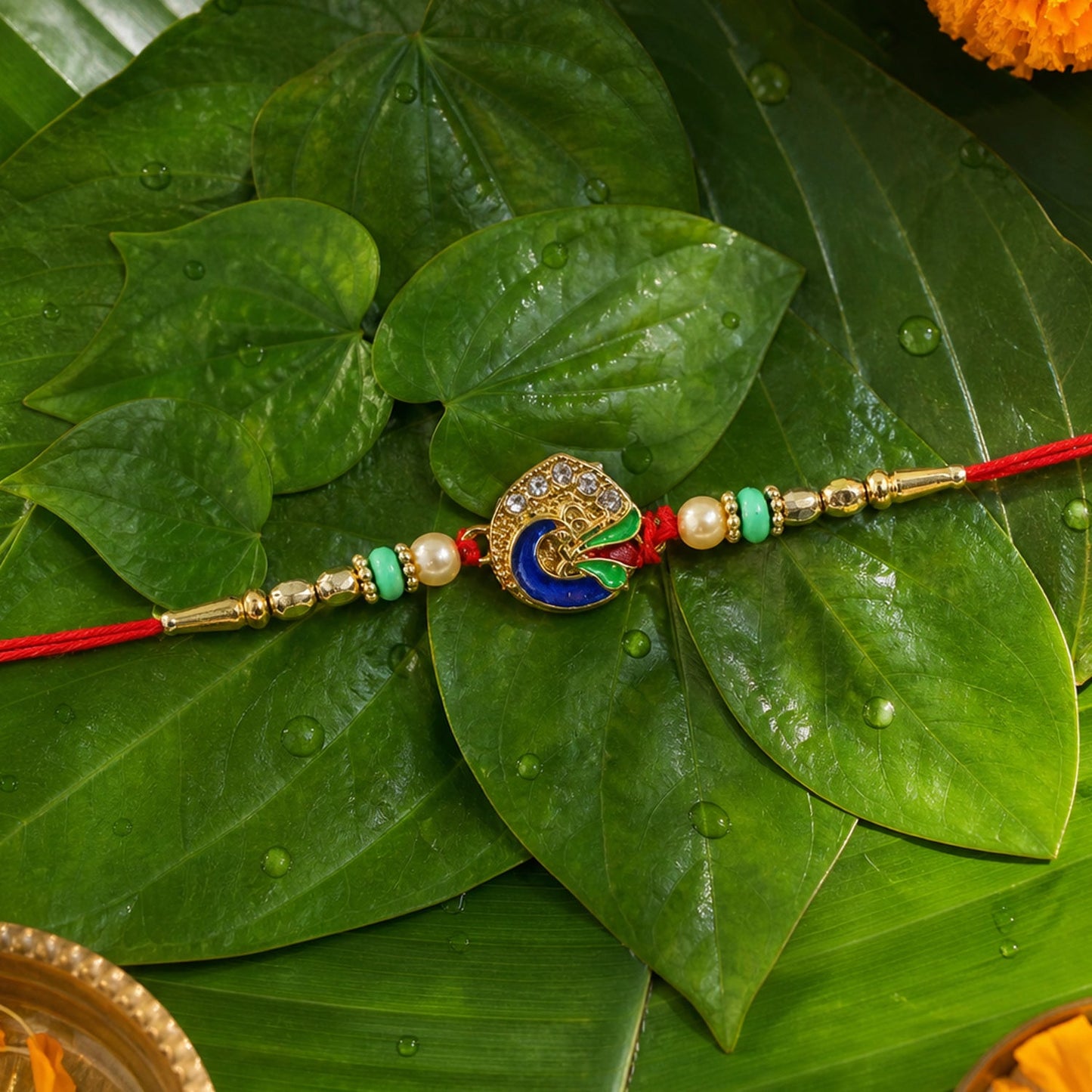 Peacock rakhi tied with red thread with pearl beads