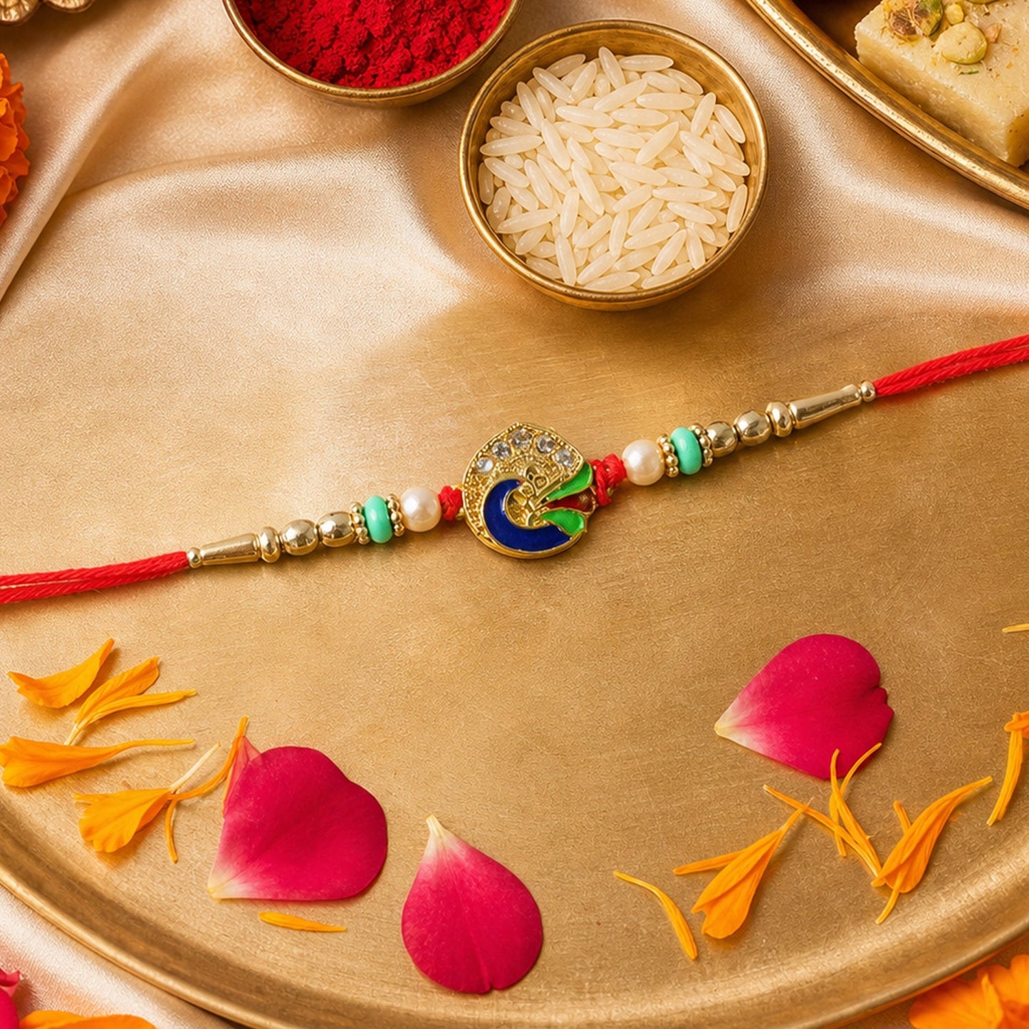Top view of peacock rakhi showing detailed design