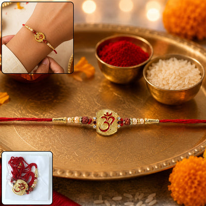 Om Designer Rakhi with Rudraksha Beads close-up